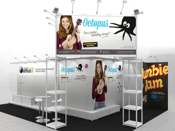 Branded exhibition stand for Tom and Will Distribution at Musikmesse trade fair