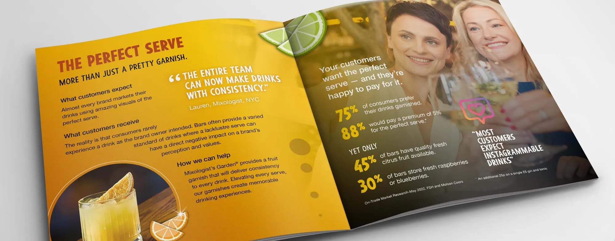 Mixologist's Garden brochure spread, 'The Perfect Serve', for a freeze-dried fruit garnish brand